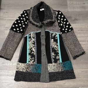 Adore Patchwork Button-Front Coat in Teal & Black